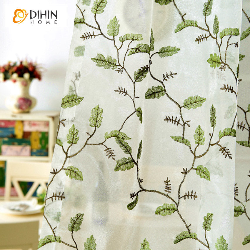 DIHINHOME Home Textile Sheer Curtain DIHIN HOME Pastoral Green Leaves Embroidered,Sheer Curtain, Grommet Window Curtain for Living Room ,52x63-inch,1 Panel