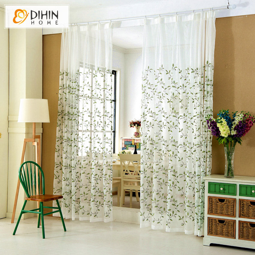 DIHINHOME Home Textile Sheer Curtain DIHIN HOME Pastoral Green Leaves Embroidered,Sheer Curtain, Grommet Window Curtain for Living Room ,52x63-inch,1 Panel