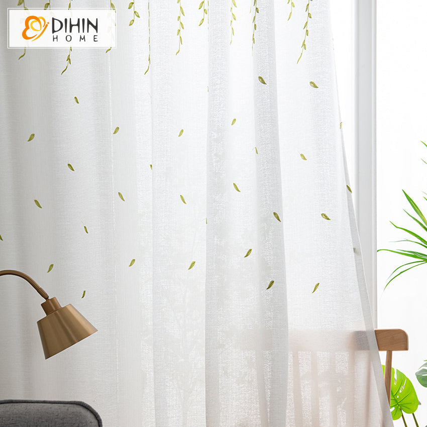 DIHINHOME Home Textile Sheer Curtain DIHIN HOME Pastoral Green Willow Branches White Sheer Curtain,Grommet Window Curtain for Living Room ,52x63-inch,1 Panel
