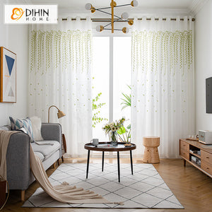 DIHIN HOME Pastoral Green Willow Branches White Sheer Curtain,Grommet Window Curtain for Living Room ,52x63-inch,1 Panel