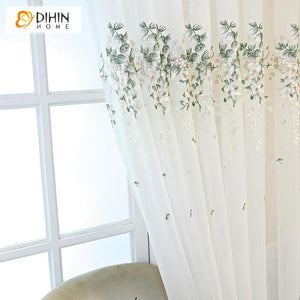 DIHIN HOME Pastoral High-grade Embroidered Sheer Curtain,Grommet Window Curtain for Living Room ,52x63-inch,1 Panel