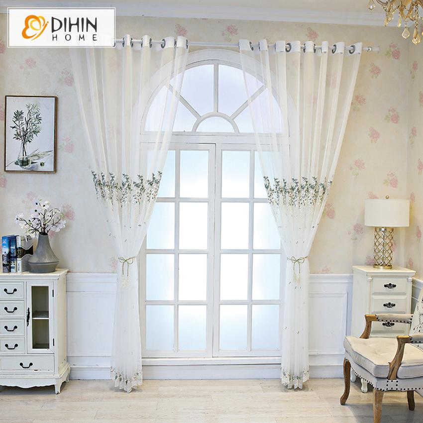 DIHIN HOME Pastoral High-grade Embroidered Sheer Curtain,Grommet Window Curtain for Living Room ,52x63-inch,1 Panel