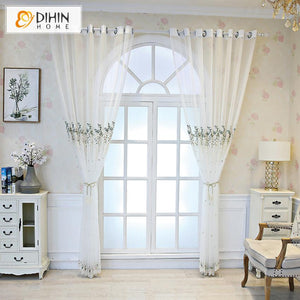 DIHIN HOME Pastoral High-grade Embroidered Sheer Curtain,Grommet Window Curtain for Living Room ,52x63-inch,1 Panel