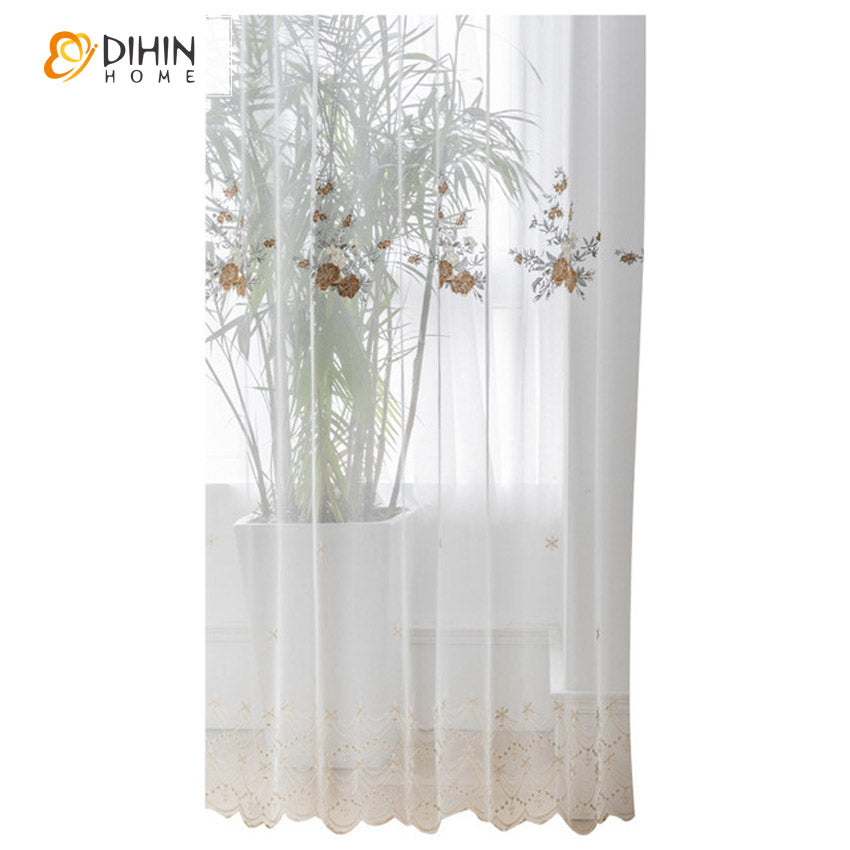 DIHINHOME Home Textile Sheer Curtain DIHIN HOME Pastoral High Quality Embroideried Sheer Curtains,Grommet Window Curtain for Living Room ,52x63-inch,1 Panel