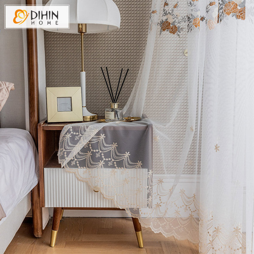 DIHIN HOME Pastoral High Quality Embroideried Sheer Curtains,Grommet Window Curtain for Living Room ,52x63-inch,1 Panel