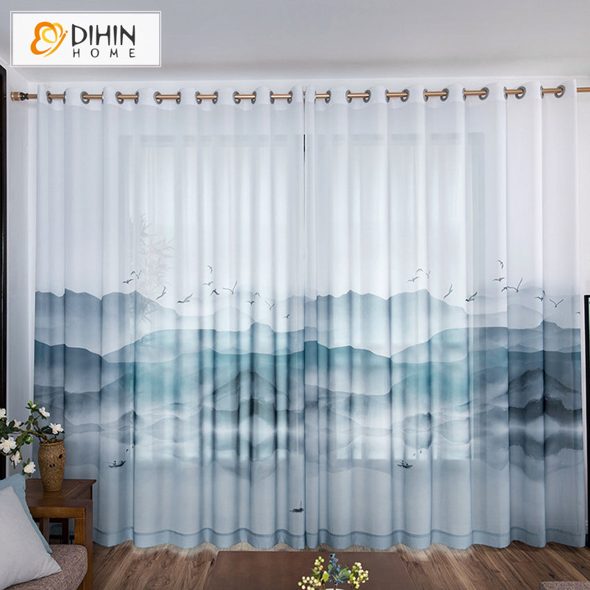 DIHIN HOME Pastoral Landscape Painting Printed,Sheer Curtain,Grommet Window Curtain for Living Room ,52x63-inch,1 Panel