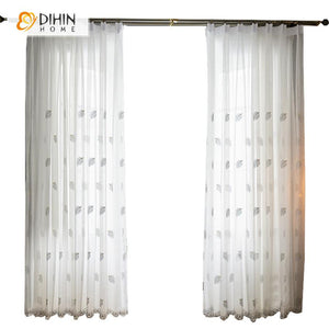 DIHIN HOME Pastoral Leaves Embroidered ,Sheer Curtain, Grommet Window Curtain for Living Room ,52x63-inch,1 Panel