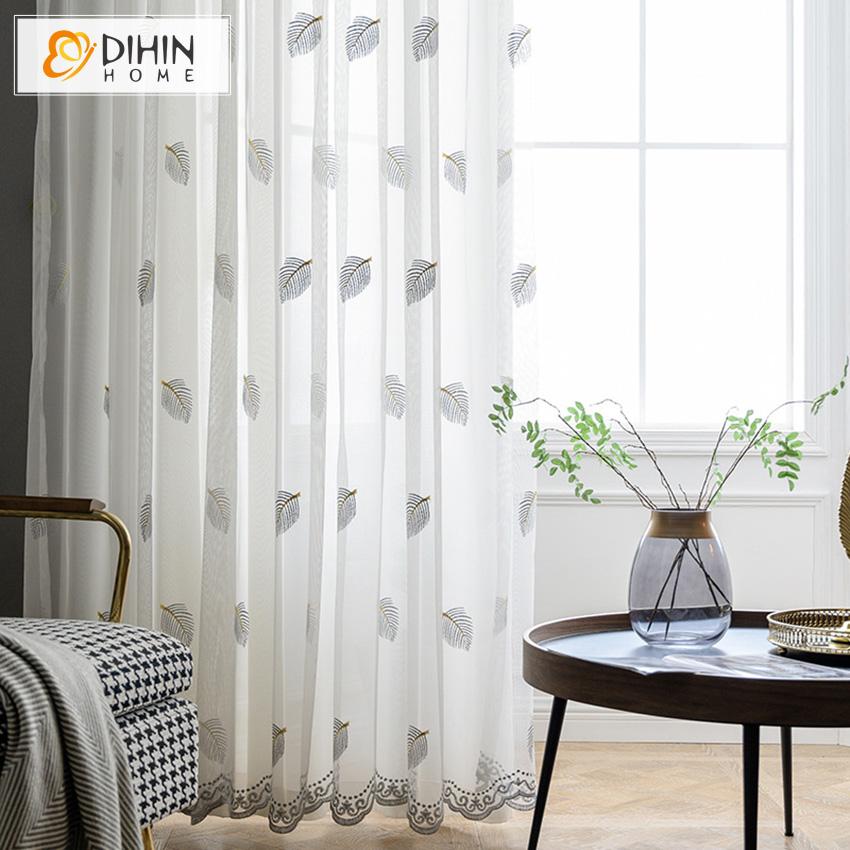 DIHIN HOME Pastoral Leaves Embroidered ,Sheer Curtain, Grommet Window Curtain for Living Room ,52x63-inch,1 Panel