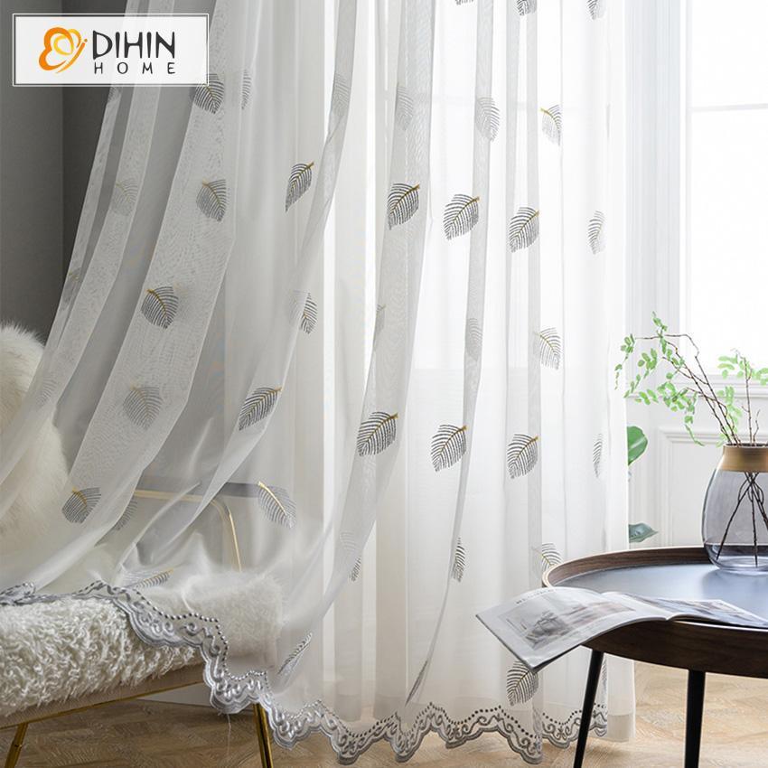 DIHIN HOME Pastoral Leaves Embroidered ,Sheer Curtain, Grommet Window Curtain for Living Room ,52x63-inch,1 Panel