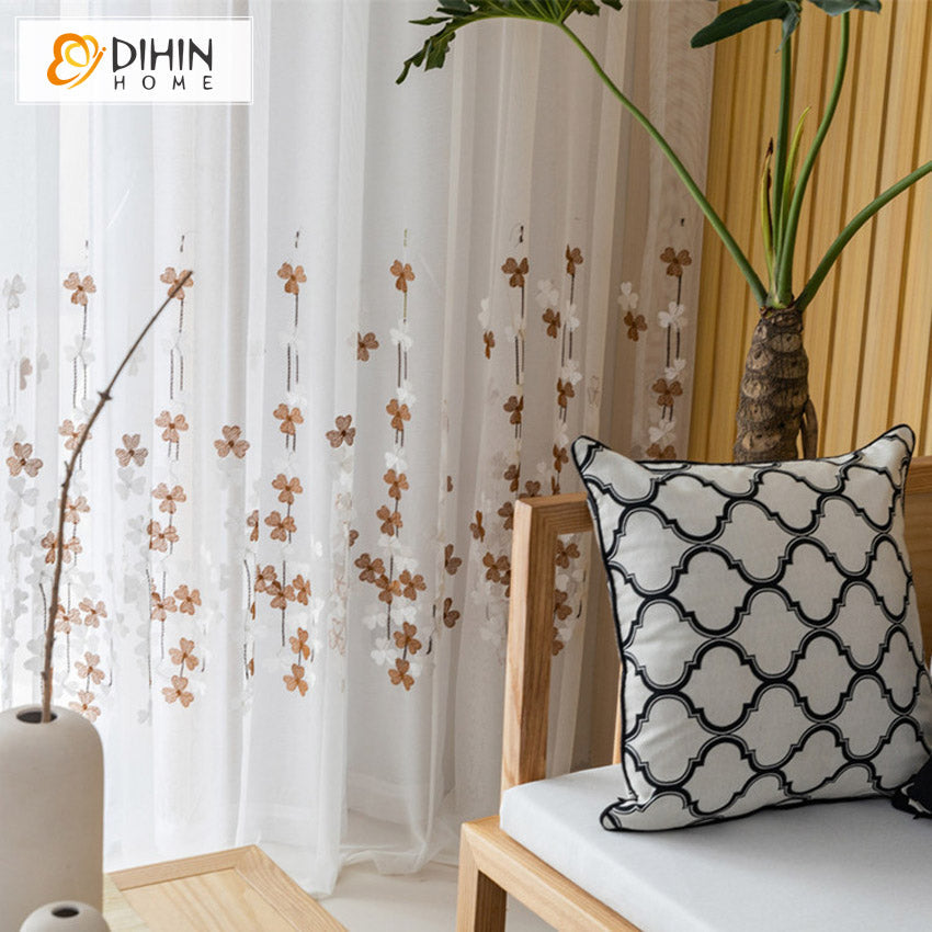 DIHINHOME Home Textile Sheer Curtain DIHIN HOME Pastoral Leaves Embroidered Sheer Curtain, Grommet Window Curtain for Living Room ,52x63-inch,1 Panel