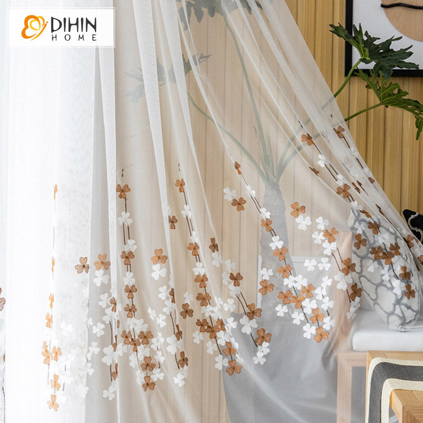 DIHINHOME Home Textile Sheer Curtain DIHIN HOME Pastoral Leaves Embroidered Sheer Curtain, Grommet Window Curtain for Living Room ,52x63-inch,1 Panel