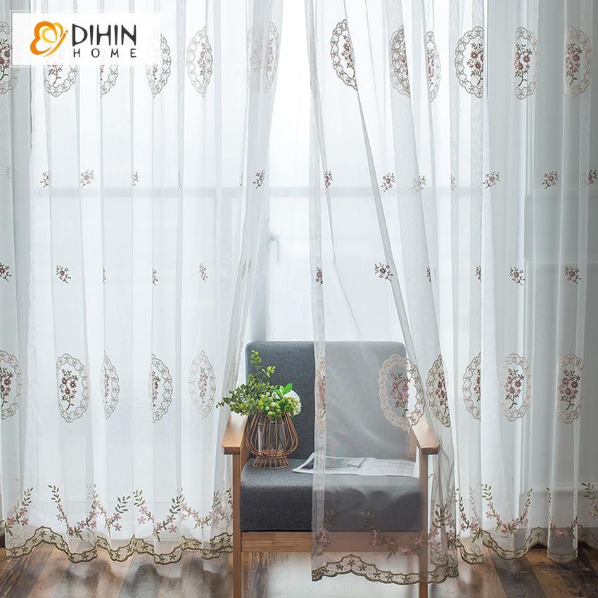 DIHIN HOME Modern White Bird's Nest Lace Pattern Sheer Curtains,Grommet  Window Curtain for Living Room ,52x63-inch,1 Panel