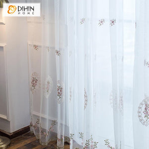 DIHIN HOME Pastoral Luxury Embroidered Sheer Curtain, Grommet Window Curtain for Living Room ,52x63-inch,1 Panel