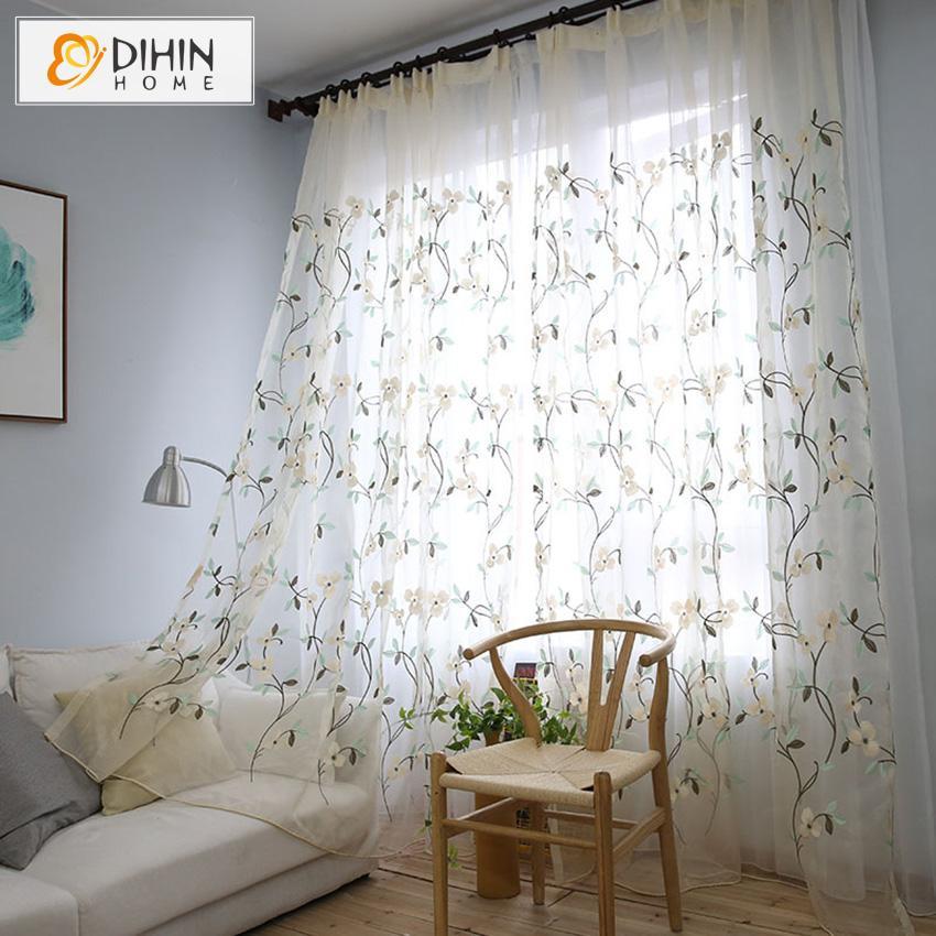 DIHIN HOME Pastoral Luxury Embroidered ,Sheer Curtain, Grommet Window Curtain for Living Room ,52x63-inch,1 Panel