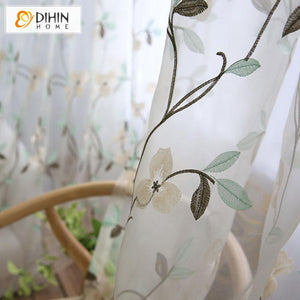 DIHIN HOME Pastoral Luxury Embroidered ,Sheer Curtain, Grommet Window Curtain for Living Room ,52x63-inch,1 Panel