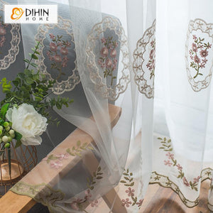 DIHINHOME Home Textile Sheer Curtain DIHIN HOME Pastoral Luxury Embroidered Sheer Curtain, Grommet Window Curtain for Living Room ,52x63-inch,1 Panel Roman Shades Window Curtains Curtains Window Blinds Curtains Drapes