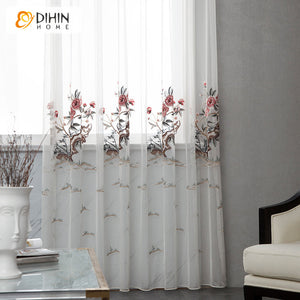 DIHIN HOME Pastoral Luxury Flowers Embroidered,Sheer Curtain,Grommet Window Curtain for Living Room ,52x63-inch,1 Panel