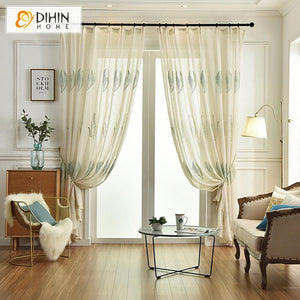 DIHIN HOME Pastoral Natural Water Grass Embroidered ,Sheer Curtain, Grommet Window Curtain for Living Room ,52x63-inch,1 Panel