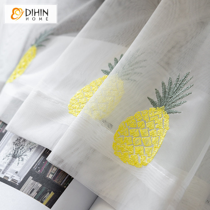 DIHINHOME Home Textile Sheer Curtain DIHIN HOME Pastoral Pineapple Embroidered Sheer Curtain,Grommet Window Curtain for Living Room ,52x63-inch,1 Panel