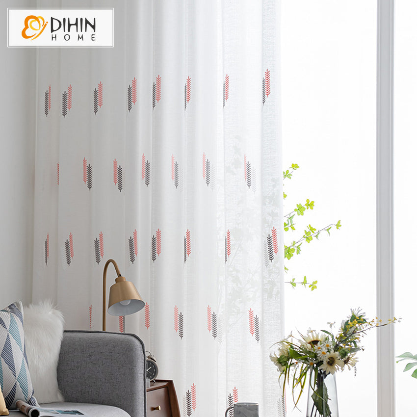 DIHINHOME Home Textile Sheer Curtain DIHIN HOME Pastoral Pink and Grey Wheat Head White Sheer Curtain,Grommet Window Curtain for Living Room ,52x63-inch,1 Panel