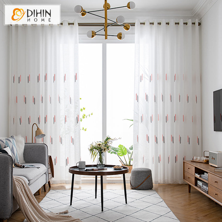 DIHIN HOME Pastoral Pink and Grey Wheat Head White Sheer Curtain,Grommet Window Curtain for Living Room ,52x63-inch,1 Panel