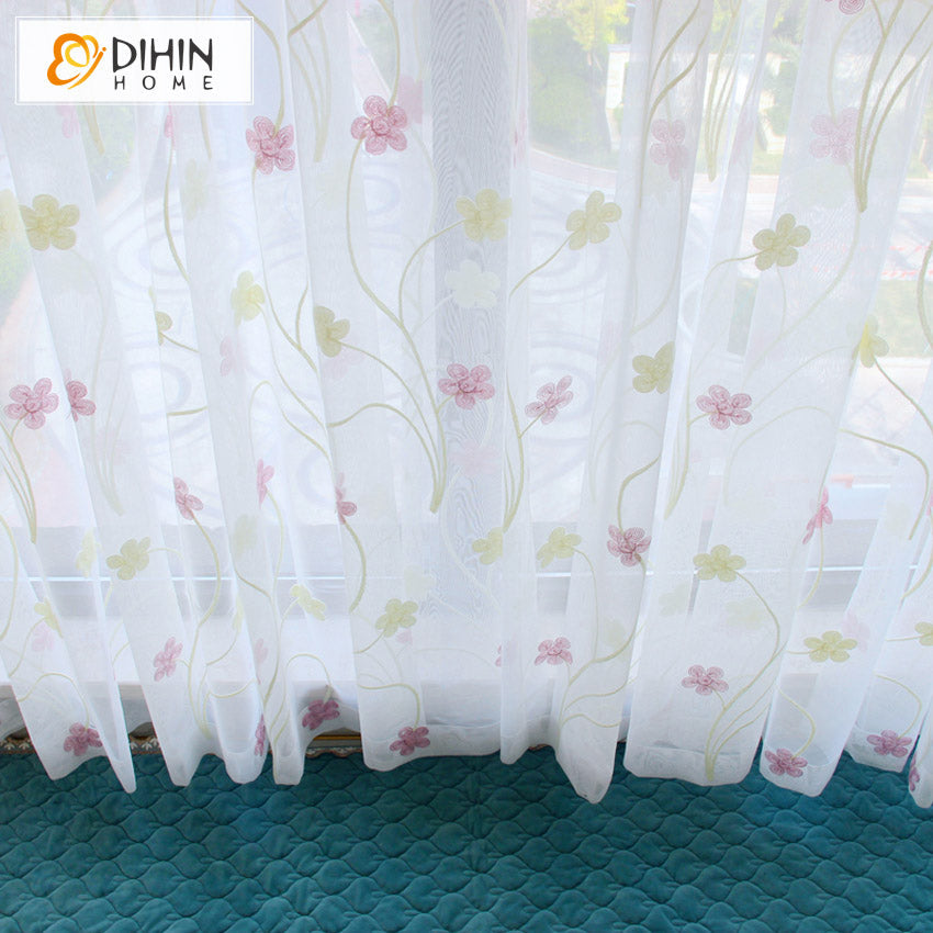 DIHINHOME Home Textile Sheer Curtain DIHIN HOME Pastoral Pink Flowers Embroidered,Grommet Window Sheer Curtain for Living Room ,52x63-inch,1 Panel