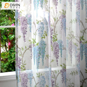 DIHINHOME Home Textile Sheer Curtain DIHIN HOME Pastoral Printed Sheer Curtain, Grommet Window Curtain for Living Room ,52x63-inch,1 Panelriped