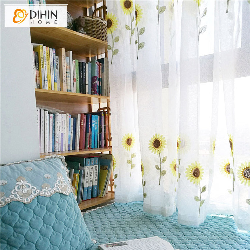 DIHINHOME Home Textile Sheer Curtain DIHIN HOME Pastoral Sunflowers Embroidered,Grommet Window Sheer Curtain for Living Room ,52x63-inch,1 Panel