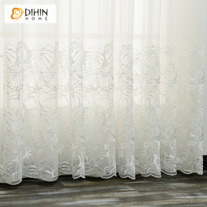 DIHINHOME Home Textile Sheer Curtain DIHIN HOME Pastoral White Banana Leaves,Sheer Curtain,Grommet Window Curtain for Living Room ,52x63-inch,1 Panel