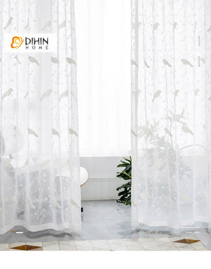 DIHINHOME Home Textile Sheer Curtain DIHIN HOME Pastoral White Bird Embroidered Sheer Curtain, Grommet Window Curtain for Living Room ,52x63-inch,1 Panel