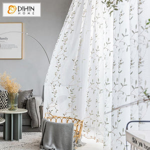 DIHIN HOME Pastoral White Embroidered Leaves,Sheer Curtain, Grommet Window Curtain for Living Room ,52x63-inch,1 Panel