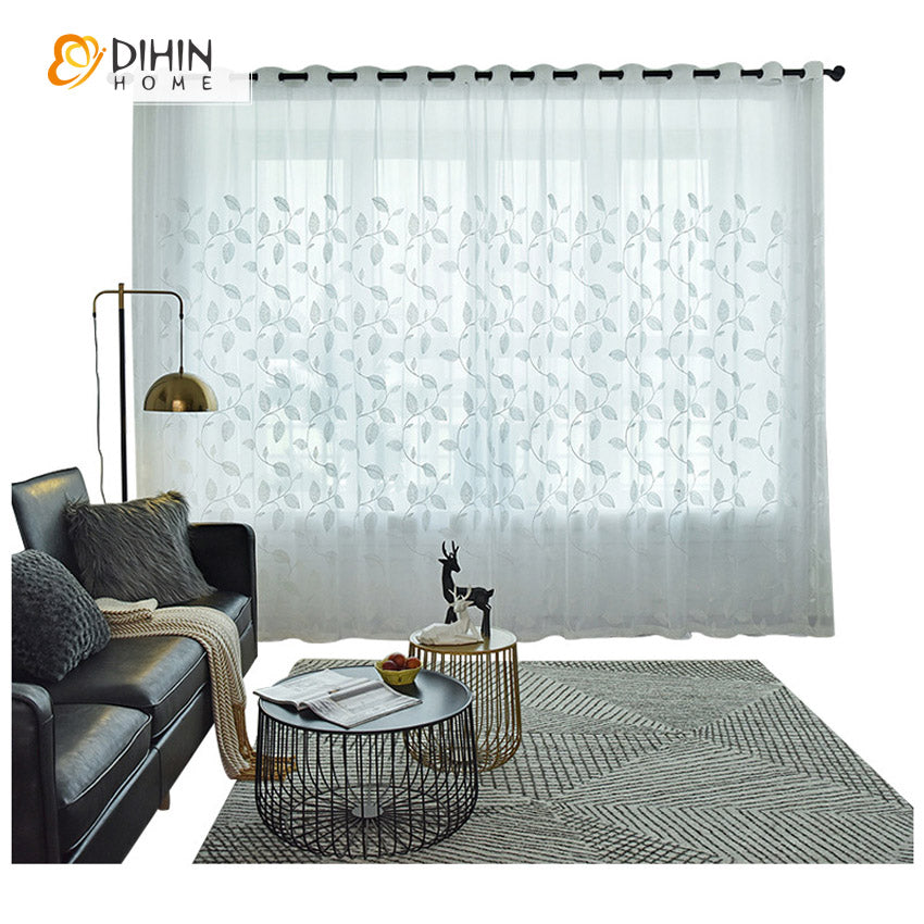 DIHINHOME Home Textile Sheer Curtain DIHIN HOME Pastoral White Leaves Embroidered Sheer Curtain, Grommet Window Curtain for Living Room ,52x63-inch,1 Panel