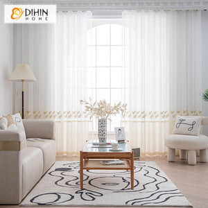 DIHINHOME Home Textile Sheer Curtain DIHIN HOME Pastoral White Leaves Embroidered Sheer Curtain, Grommet Window Curtain for Living Room ,52x63-inch,1 Panel