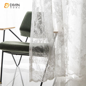 DIHINHOME Home Textile Sheer Curtain DIHIN HOME Pastoral White Maple Leaf Yarn-dyed Sheer Curtain,Grommet Window Curtain for Living Room ,52x63-inch,1 Panel