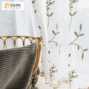 DIHINHOME Home Textile Sheer Curtain DIHIN HOME Pastoral Willow Branch Embroidered,Sheer Curtain,Grommet Window Curtain for Living Room ,52x63-inch,1 Panel