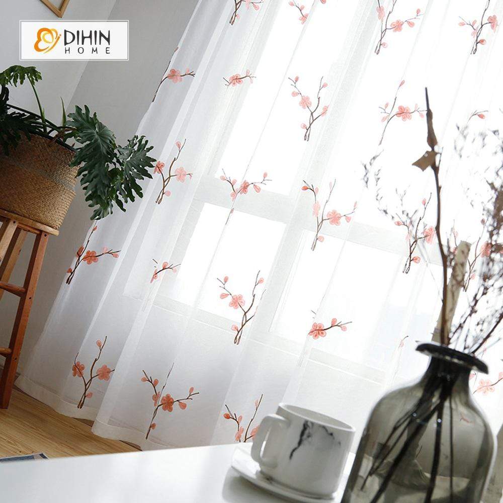 DIHINHOME Home Textile Sheer Curtain DIHIN HOME Pink Flowers Embroidered,Sheer Curtain,Blackout Grommet Window Curtain for Living Room ,52x63-inch,1 Panel