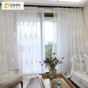 DIHINHOME Home Textile Sheer Curtain DIHIN HOME Professional White Feather Embroidered,Sheer Curtain,Blackout Grommet Window Curtain for Living Room ,52x63-inch,1 Panel