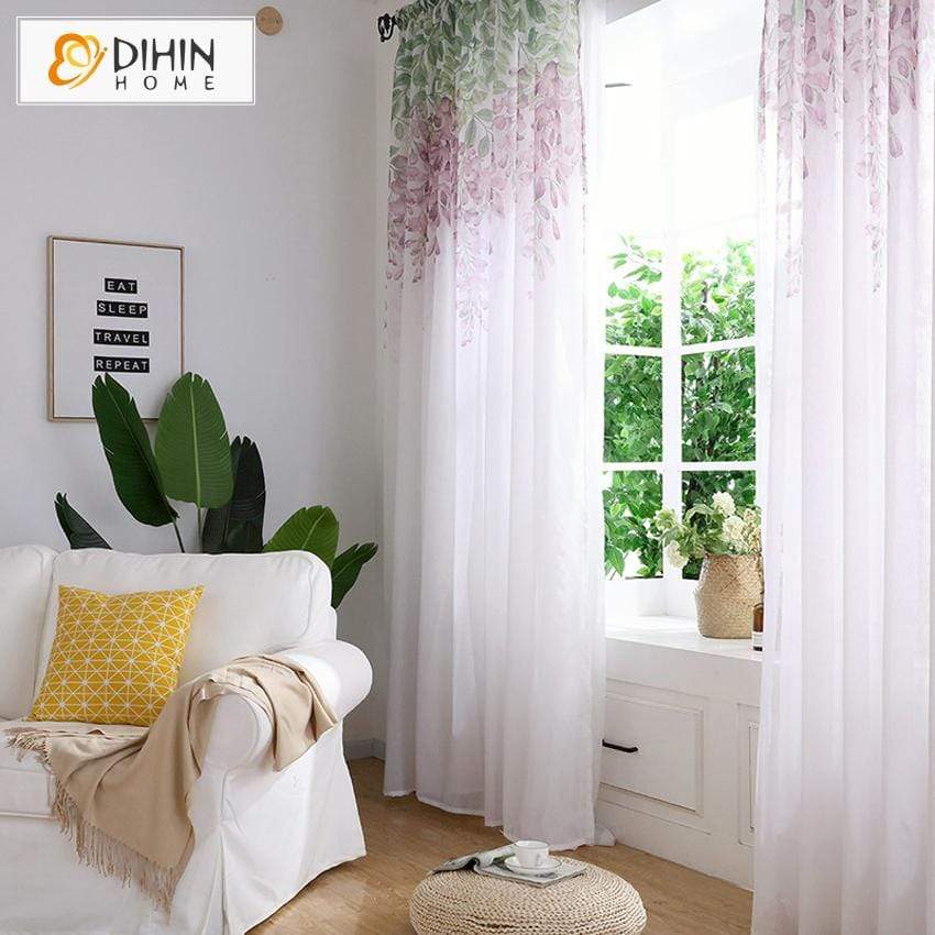 DIHINHOME Home Textile Sheer Curtain DIHIN HOME Purple Flowers Printed Sheer Curtain,Blackout Grommet Window Curtain for Living Room ,52x63-inch,1 Panel