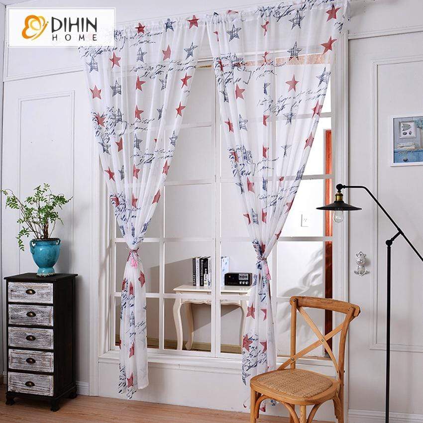 DIHINHOME Home Textile Sheer Curtain DIHIN HOME Red and Blue Stars Printed,Sheer Curtain,Blackout Grommet Window Curtain for Living Room ,52x63-inch,1 Panel