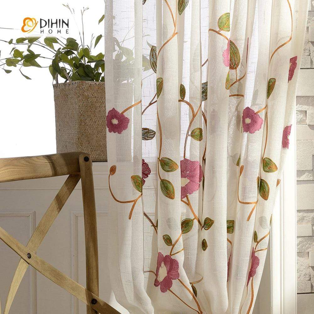 DIHINHOME Home Textile Sheer Curtain DIHIN HOME Red Flower Embroidered Sheer Curtains ,Cotton Linen ,Day Curtain Grommet Window Curtain for Living Room ,52x63-inch,1 Panel