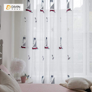 DIHINHOME Home Textile Sheer Curtain DIHIN HOME Sailboat Embroidered,Sheer Curtain,Blackout Grommet Window Curtain for Living Room ,52x63-inch,1 Panel