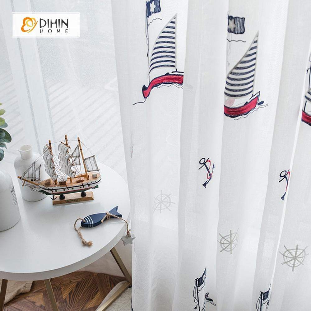 DIHINHOME Home Textile Sheer Curtain DIHIN HOME Sailboat Embroidered,Sheer Curtain,Blackout Grommet Window Curtain for Living Room ,52x63-inch,1 Panel