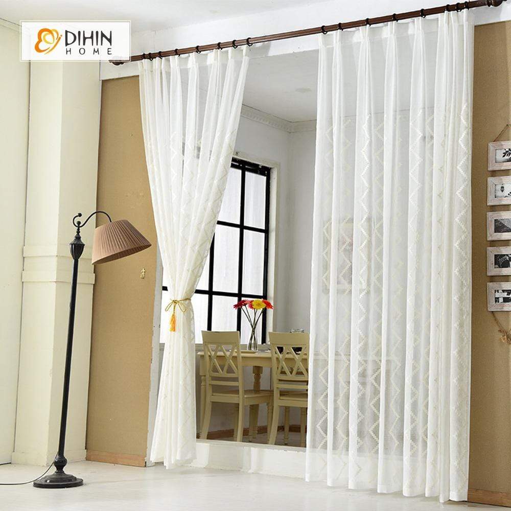 DIHINHOME Home Textile Sheer Curtain DIHIN HOME Solid White Stripes Embroidered,Sheer Curtain,Blackout Grommet Window Curtain for Living Room ,52x63-inch,1 Panel