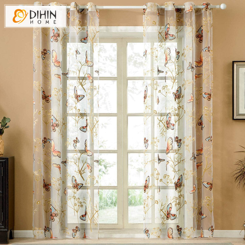 DIHINHOME Home Textile Sheer Curtain DIHIN HOME Tropical Pastoral Butterfly Printed Sheer Curtains,Grommet Window Curtain for Living Room ,52x63-inch,1 Panel
