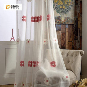 DIHINHOME Home Textile Sheer Curtain DIHIN HOME White And Red Flowers Embroidered ,Sheer Curtain,Blackout Grommet Window Curtain for Living Room ,52x63-inch,1 Panel