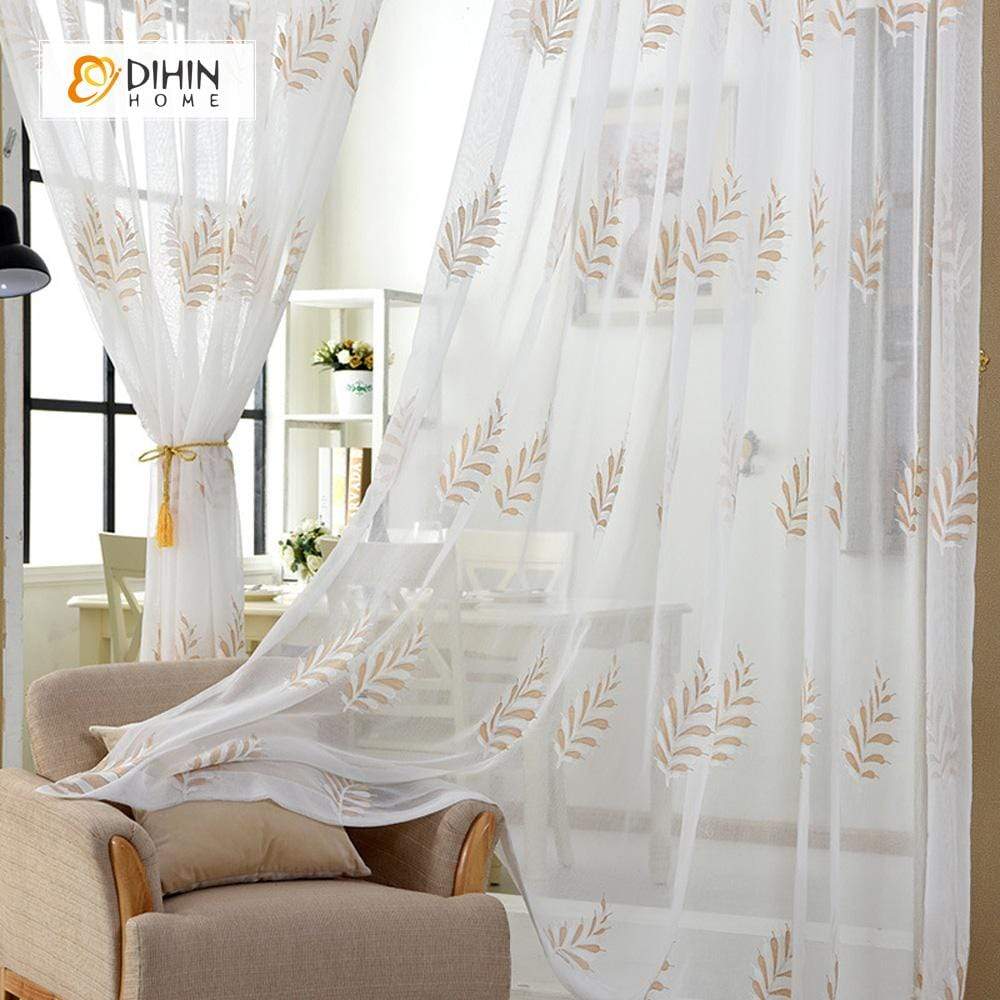 DIHINHOME Home Textile Sheer Curtain DIHIN HOME White and Yellow Leaves Embroidered,Sheer Curtain,Blackout Grommet Window Curtain for Living Room ,52x63-inch,1 Panel
