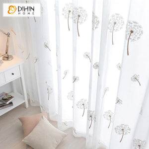 DIHINHOME Home Textile Sheer Curtain DIHIN HOME White Dandelion Embroidered,Sheer Curtain,Grommet Window Curtain for Living Room ,52x63-inch,1 Panel