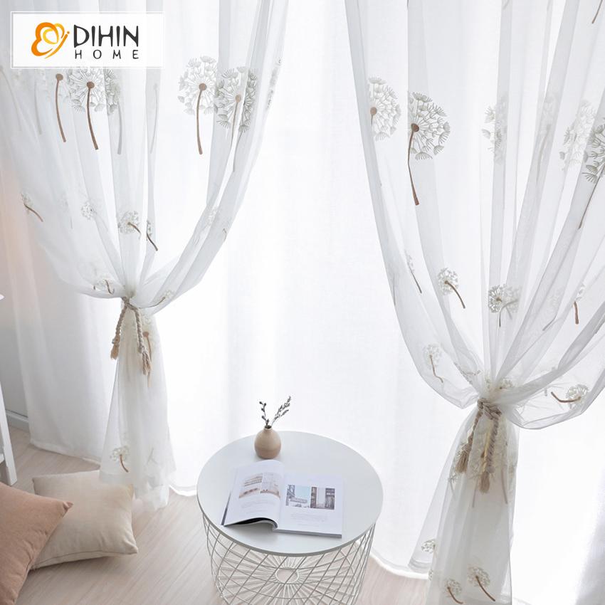 DIHINHOME Home Textile Sheer Curtain DIHIN HOME White Dandelion Embroidered,Sheer Curtain,Grommet Window Curtain for Living Room ,52x63-inch,1 Panel