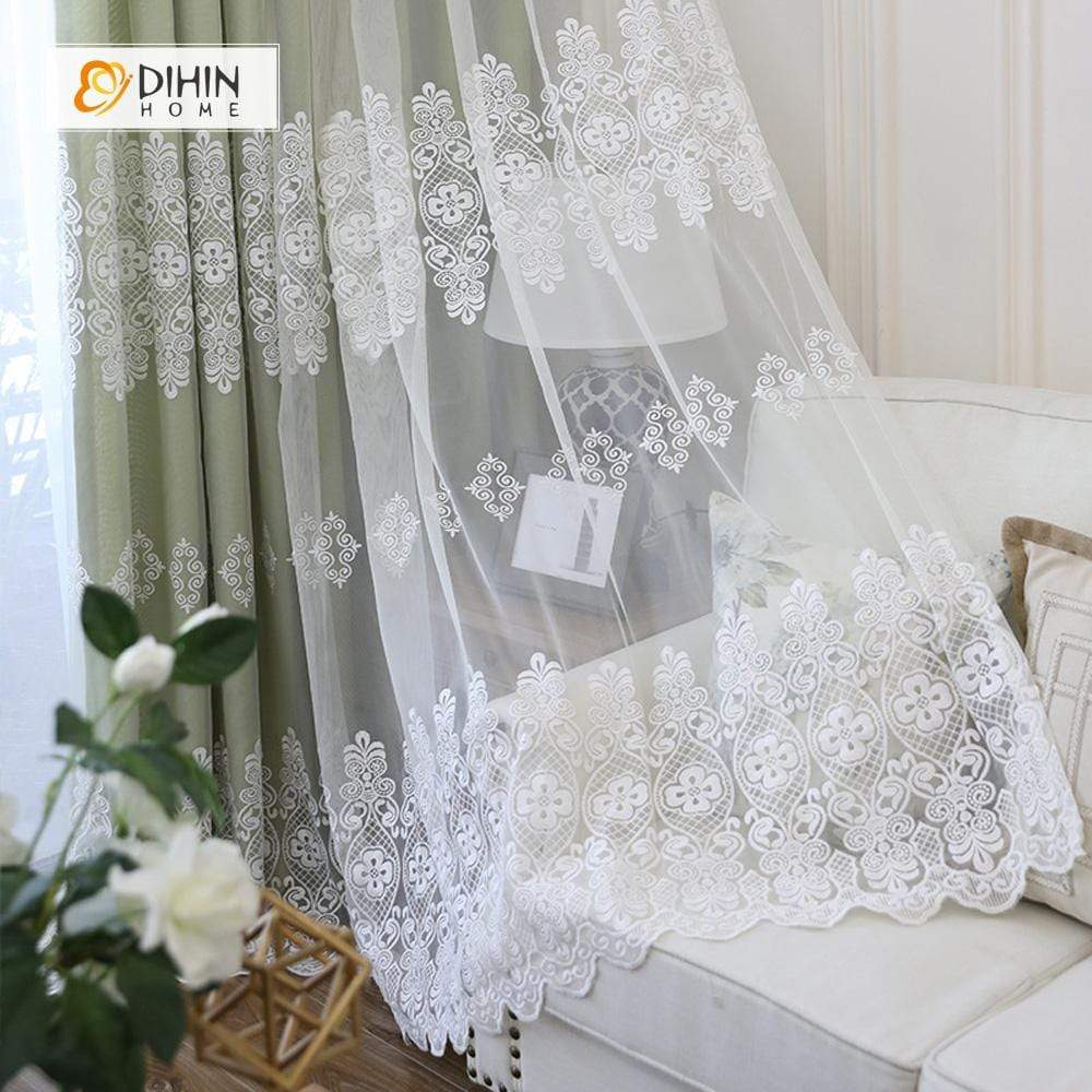 DIHINHOME Home Textile Sheer Curtain DIHIN HOME White Decorative Pattern Embroidered ,Sheer Curtain,Blackout Grommet Window Curtain for Living Room ,52x63-inch,1 Panel