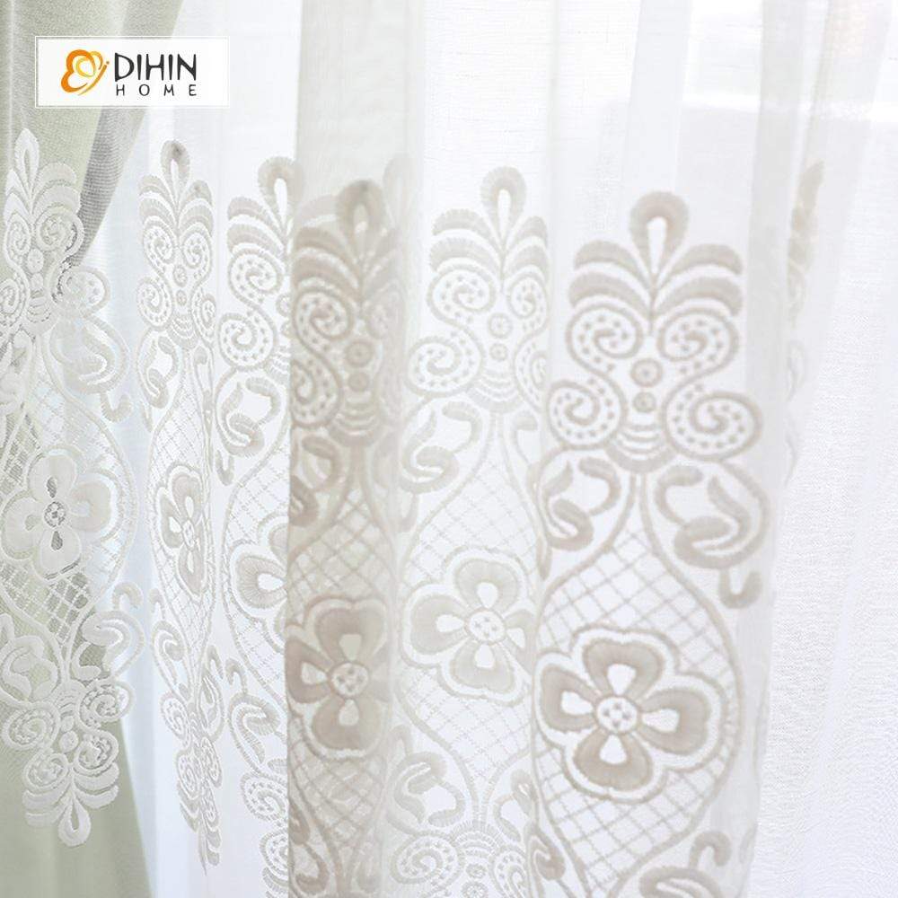 DIHINHOME Home Textile Sheer Curtain DIHIN HOME White Decorative Pattern Embroidered ,Sheer Curtain,Blackout Grommet Window Curtain for Living Room ,52x63-inch,1 Panel